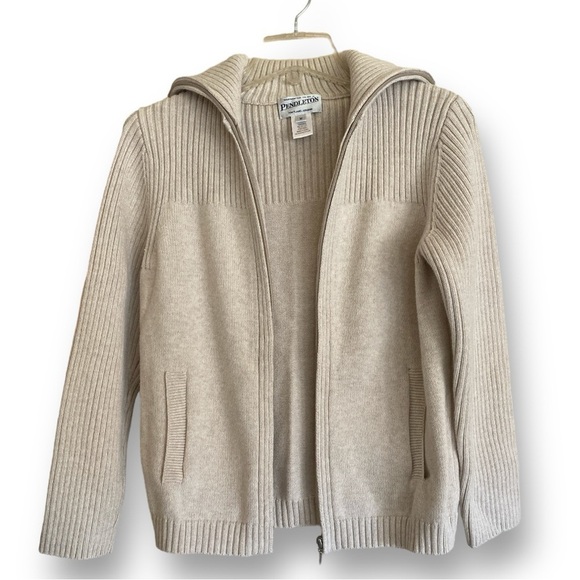 Pendleton Cable Knit Ribbed Cardigan Turtleneck Front Zip Size M…Brown Tan - Picture 1 of 11